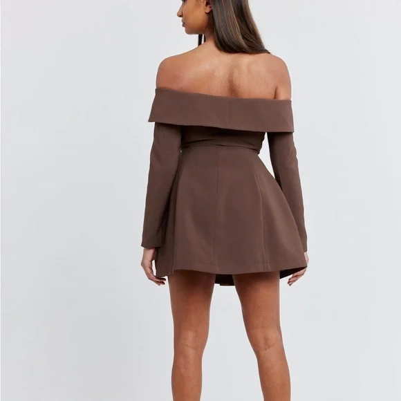 Odd Muse The Ultimate Muse Button Up off shoulder long sleeve Mini Dress Brown - Picture 5 of 9